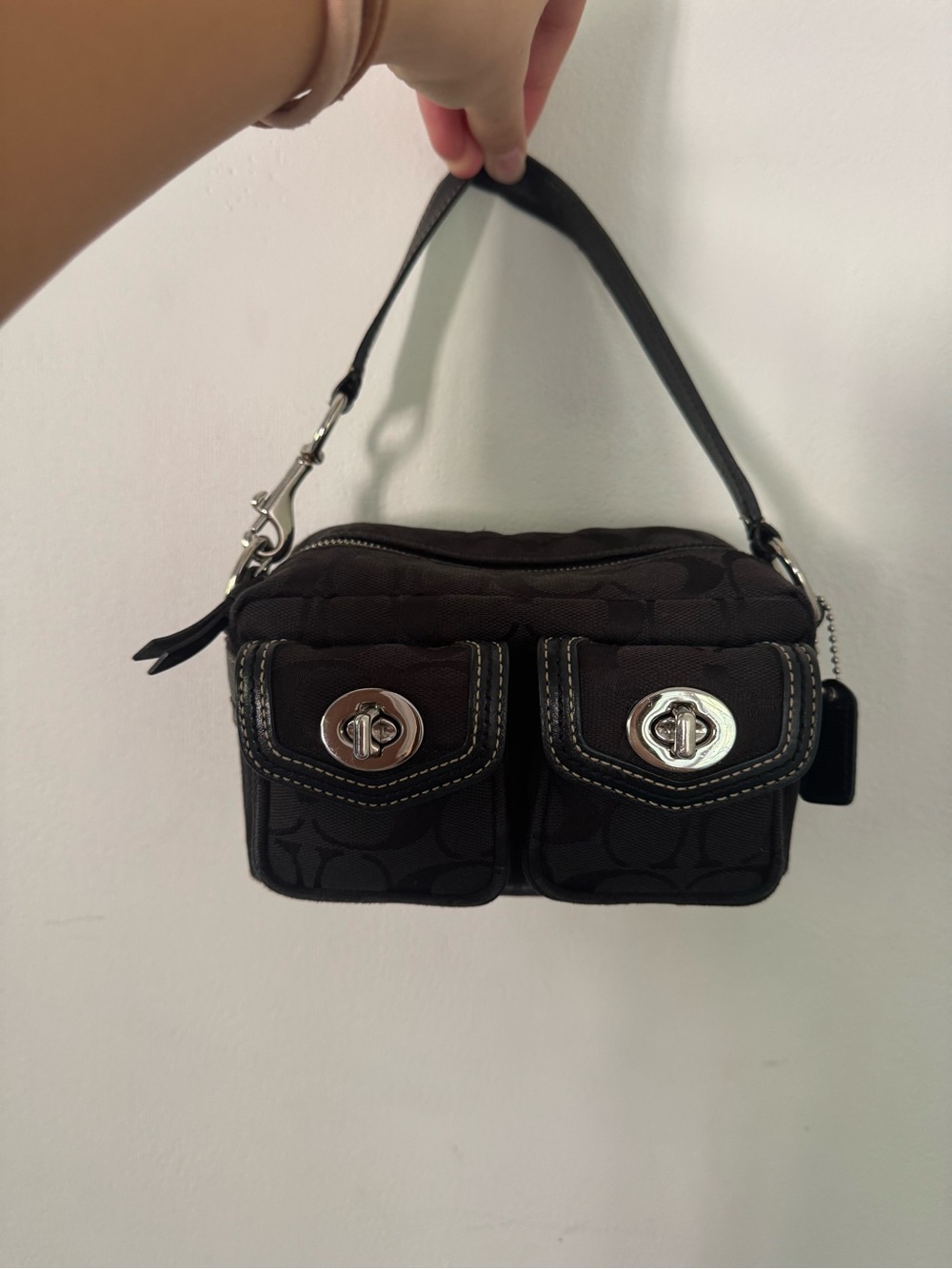 Coach Black Signature Canvas Double Pocket Mini Bag with Silver Hardware